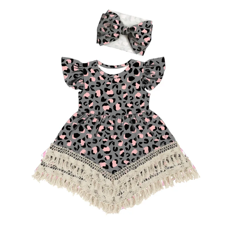 BQA-184 +FD-041  Newborn Baby Girls Pink flower Tutu Dress First Birthday Skirt Outfits Casual Girls Clothes Headband