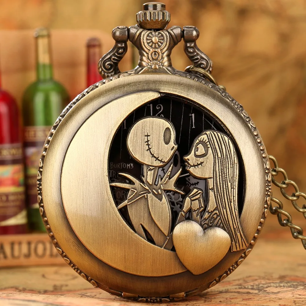 Vintage Stempunk Metal Pendant Watch Jack And Sally Necklace Clock Pocket Watch With Chain Bronze pocket watches for men gifts