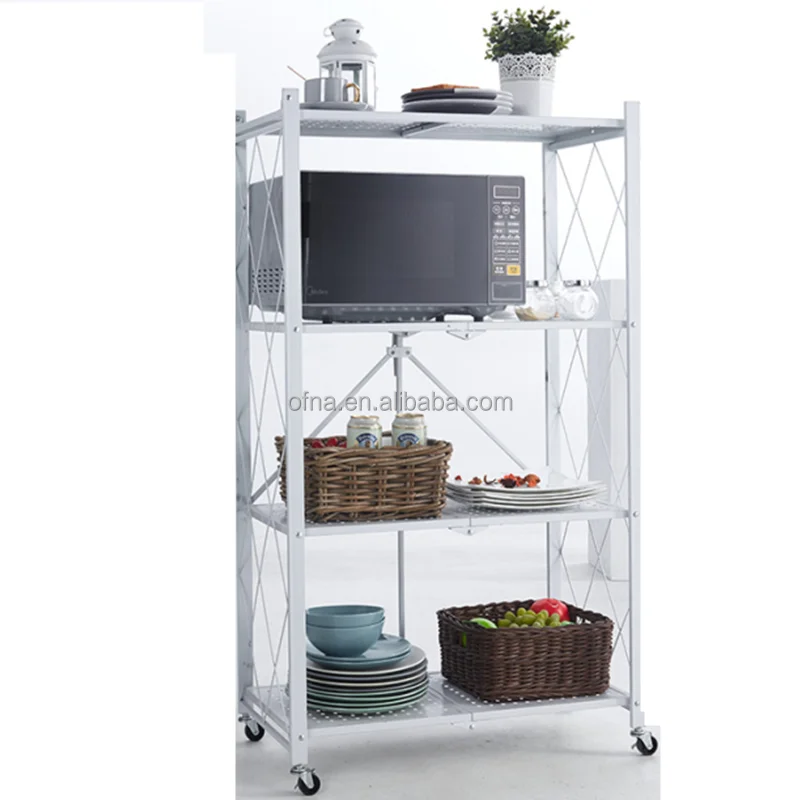 3/4 /5tier Kitchen Folding Shelf Rack For Home Storage Foldable Organizer  Metal Shelves With Wheels For Living Room