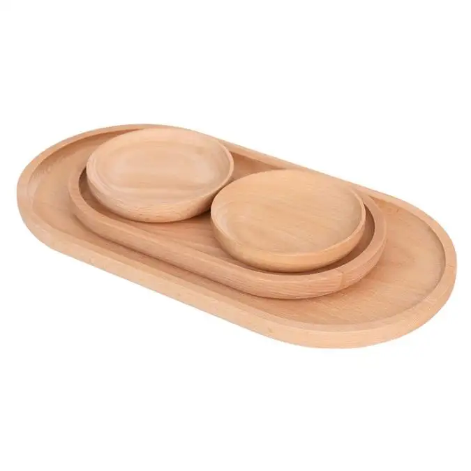 Hot Sale 4 pieces Dinnerware Rectangular and Round Decorative Serving Engraving Beech Wood Kitchen Plate Set