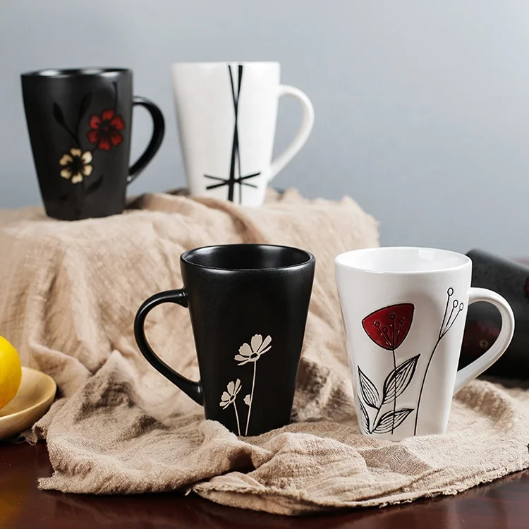 White V shape black stoneware 350ml ceramic coffee matt mug