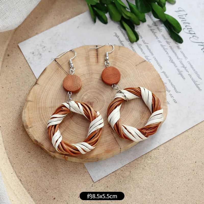HOVANCI Bohemian Jewelry Handmade Hollow Geometry Wooden Drop Earrings Ethnic Woven Braided Wood Earrings For Women