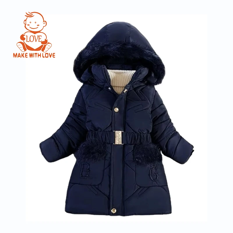 BEIBEIHAPPY Supplier New Fashion Style Winter Warmth Thick Big Fur Collar Hooded Girl Children Long Cotton Jacket Coat