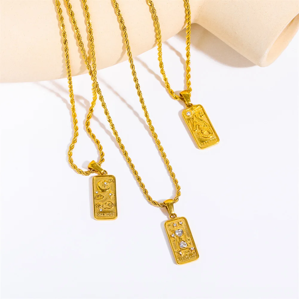 N2056 Waterproof Square Plate Necklaces 18K Gold Plated Stainless Steel Zircon Inlay Star Moon Leopard Relief Tarot Necklaces