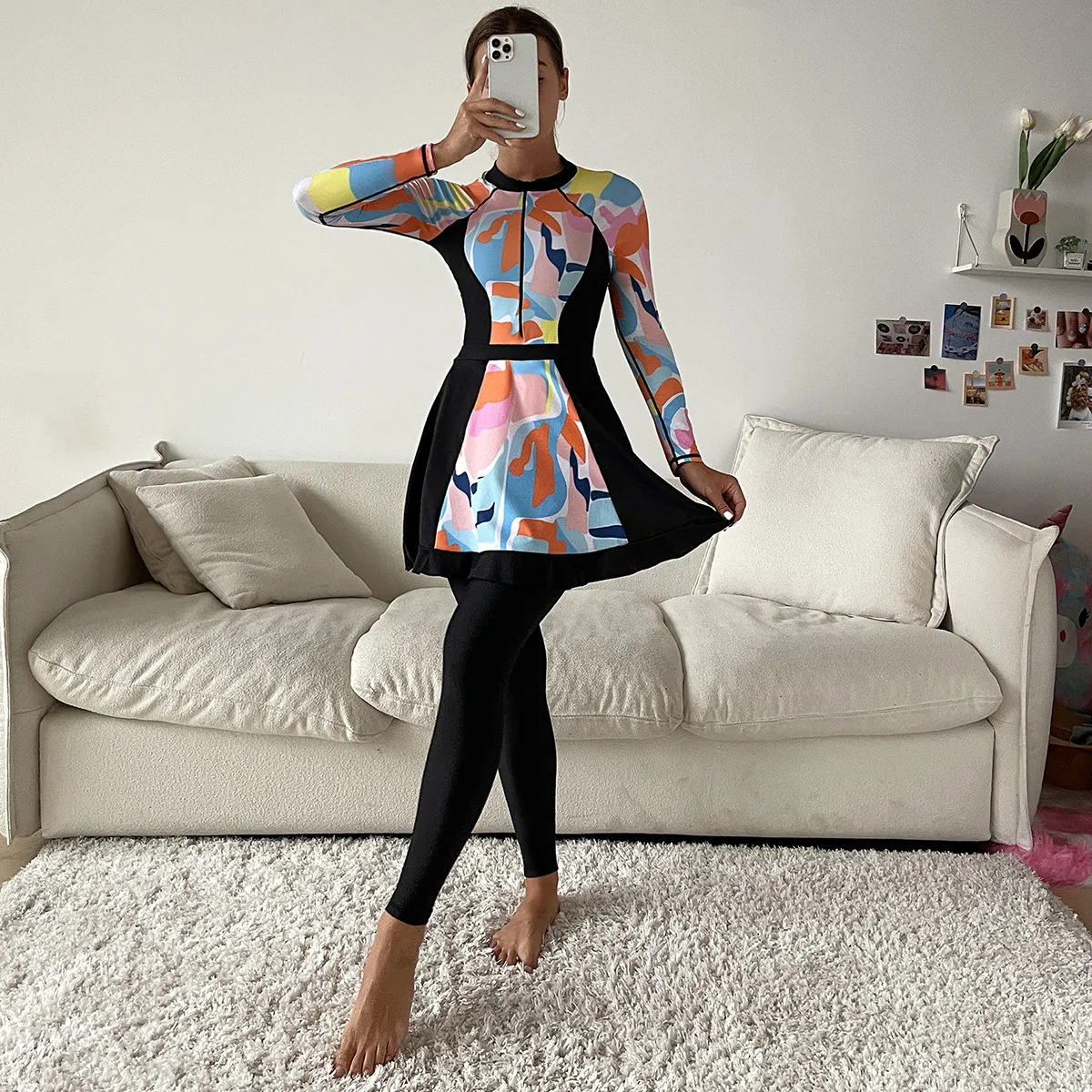 S-XL Drop Shipping One-piece Top Graphic Printing 3 Piece Sets Full Cover Long Sleeve Burkini Muslim Swimwear Women