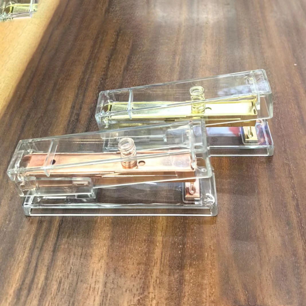 Office desktop fancy gift new design full strip decorative transparent luxury clear plastic cover rose gold stapler