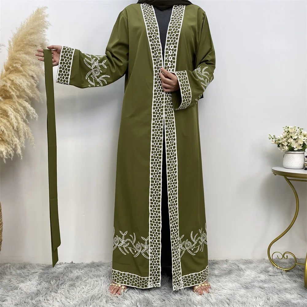 Muslim Robe Prayer Dress Lace Embroidered Cardigan Wholesale Islamic Jibabra Jastani Mock Skirt Dubai solid color Long Cardigan