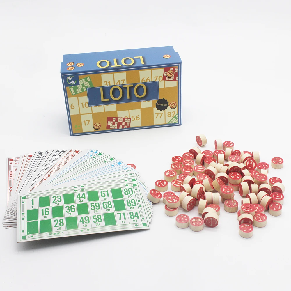 Ningbo Royal High Quality Custom Color Box Wooden Classic Bingo Board Game 90pcs Wooden Bingo Chip 48pcs bingo card