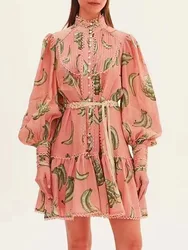 2023 Grace Ladies Casual Patchwork Lace Cutout Ruffle Mini Ladies Dress Hawaiian Plantain Pattern Elegant Casual Dress