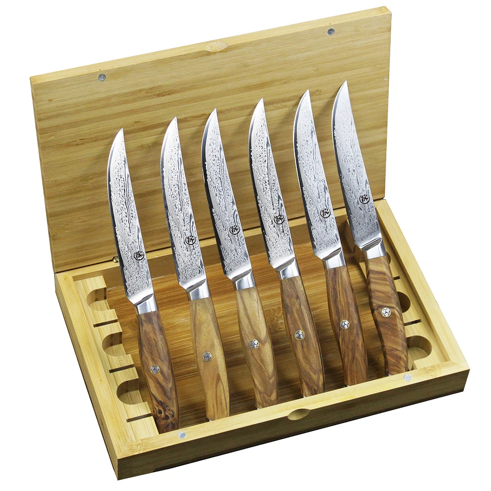 Olive wood handle Japanese AUS-10 damascus steel VG10 steak knife set with bamboo wood box