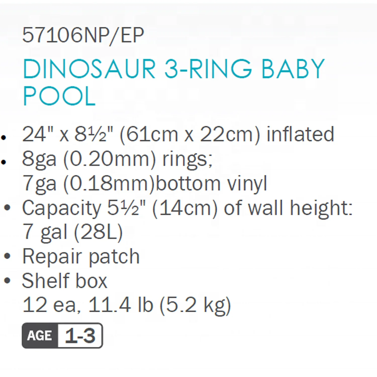 Intex 57106 Inflatable Swimming Pool Beach Buddies Dinosaur 3-Ring Baby Pool