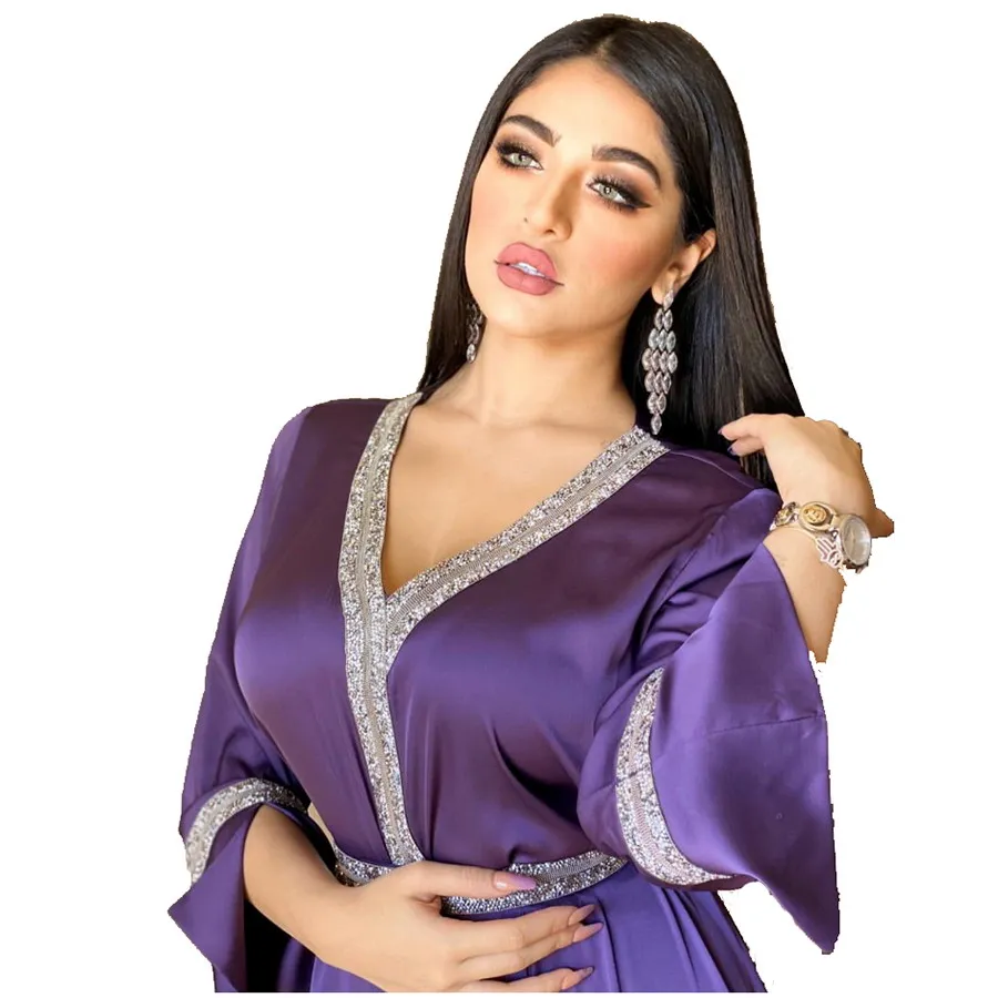 Muslim Women Dresses Foma AB014 arab dubai islamic lady elegant abaya robe satin maxi long dress with bling diamond belt