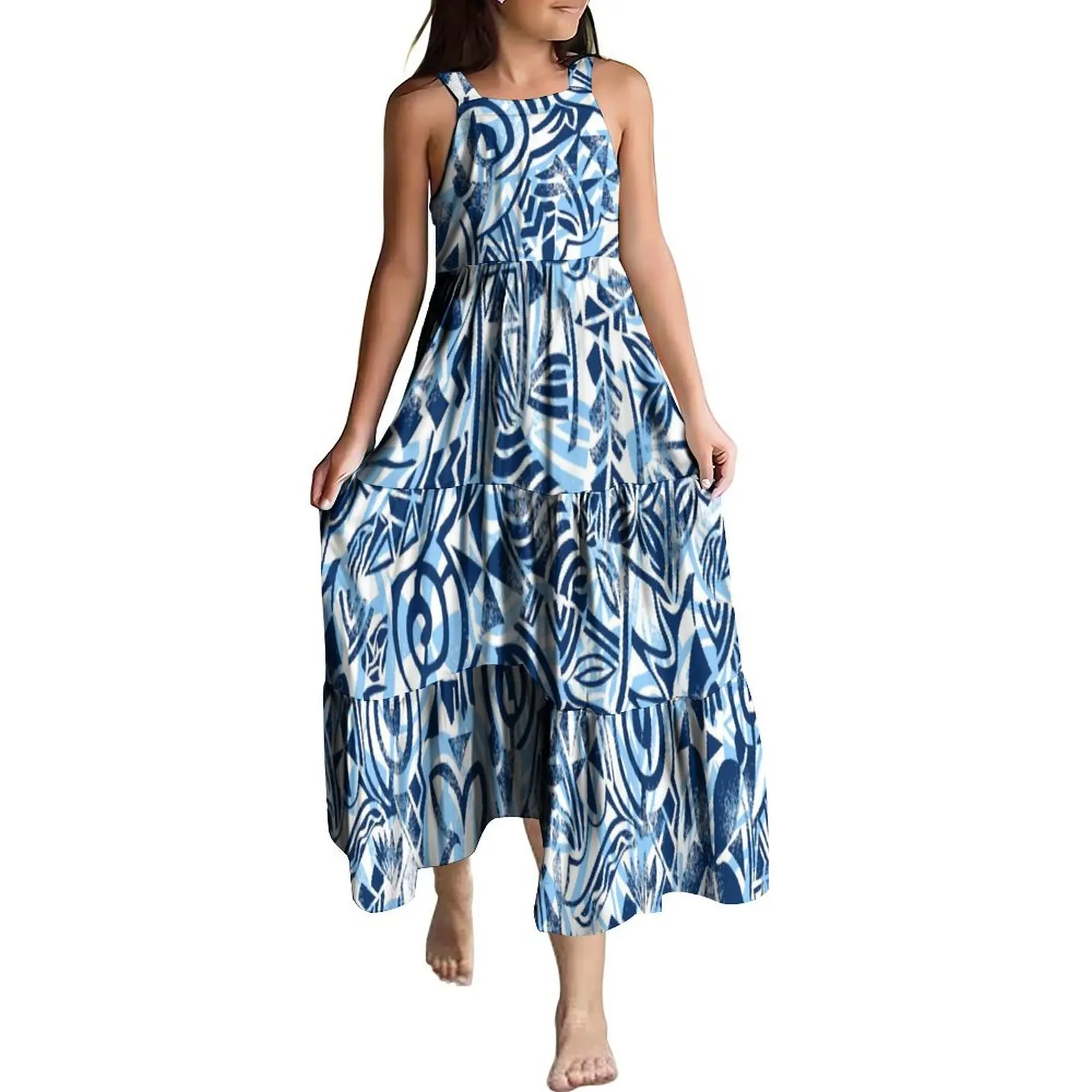 New High Quality Customized Strap Sleeveless Midi Toddler Kids Dress Polynesian Tribal Girls Birthday Party Dresses For Kids