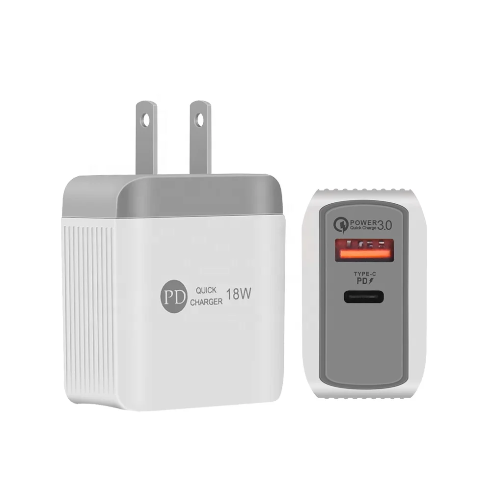 PD Wall Charger Dual Port USB Type C and USB A ports Travel AC Adapter 18W Mobile Phone Fast Wall Charger  USB-C Power Adapter