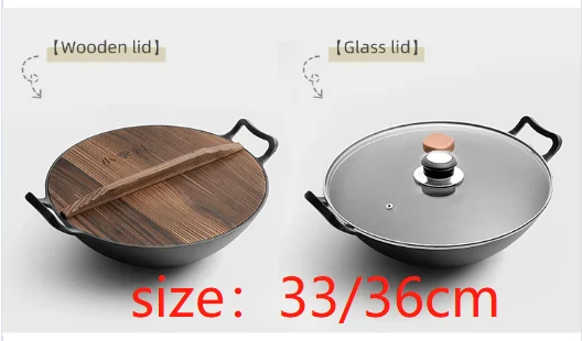 Low MOQ Wholesale Cast Iron Wok Pan Kitchen Cooking Dinnerware with Wooden Lid