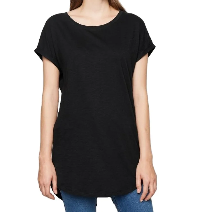 Wholesale custom high quality short sleeve women o  neck t shirts/black and grey  plain printing long line t shirt for ladies