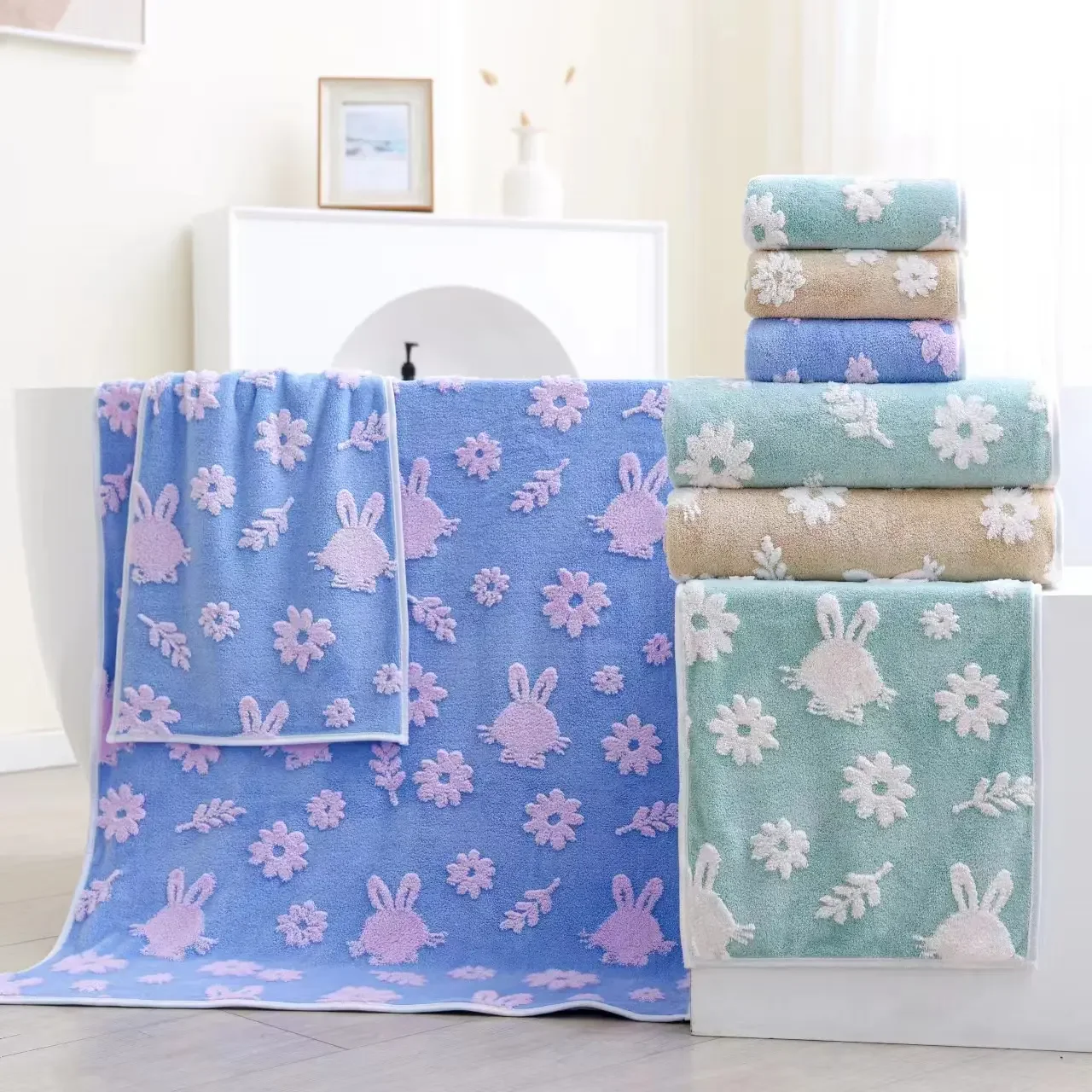 Hot Sale Microfiber Towel Coral Velvet Cartoon Towel Set Print Rabbit Bath Towel