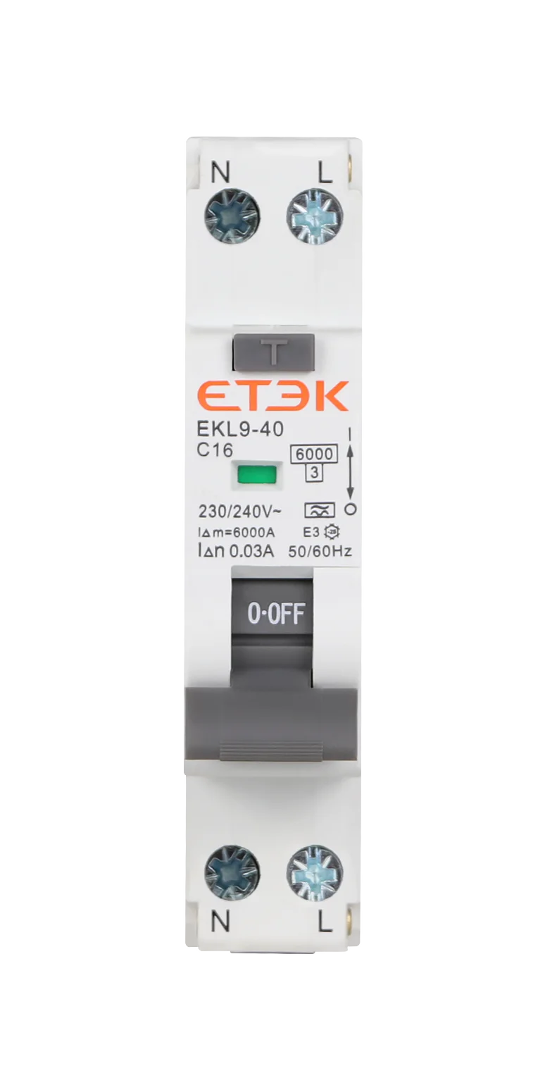 ETEK EKL9-40-1630  RCBO 16A 30mA 6kA Double Pole Type A (B Curve) Switched Neutral
