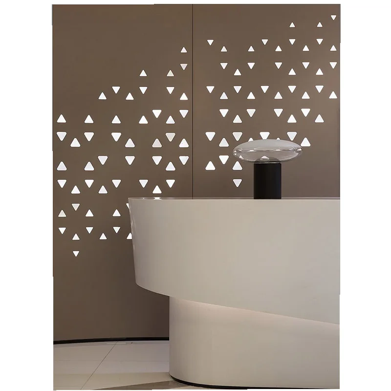 Curved streamlined office front desk display cabinet design, customized reception display rack, wooden island cabinet