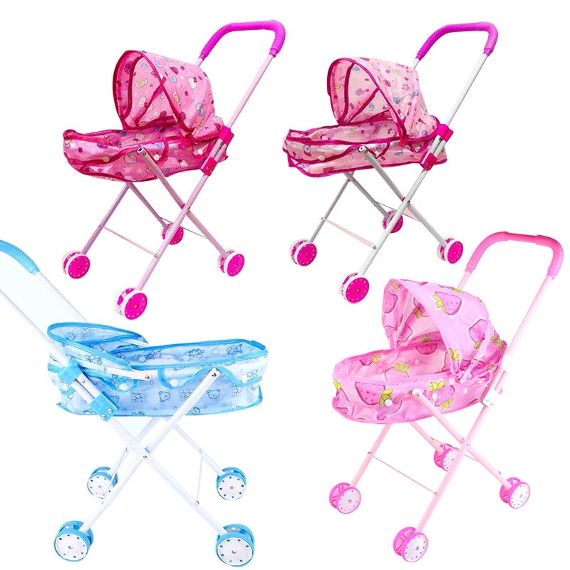Fashion foldable iron pram toy lovely baby doll stroller toy kids pink and blue lovely stroller toy