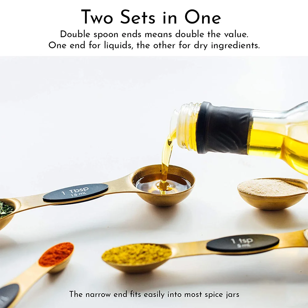 
eco friendly Magnetic rose gold kitchen measuring spoon set stainless steel Dual Sided Stackable spoons for Cooking Baking 