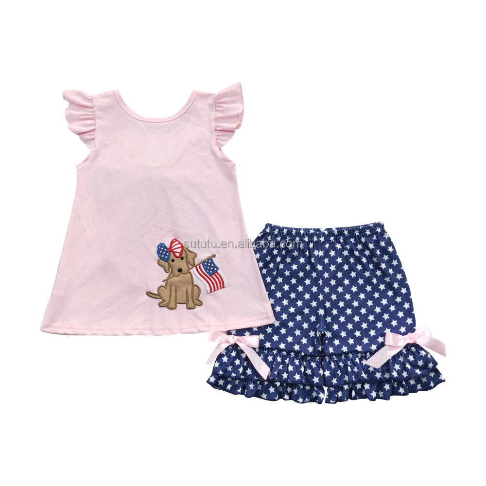 2023 New Arrival Summer Baby Girls Holiday Clothing Set High Quality Embroidery Cute Dog Flag Shorts Outfit Ready to ship Kids