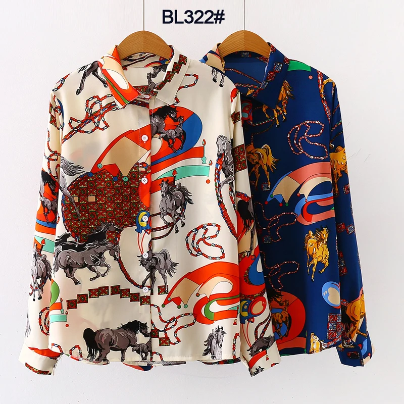 
French vintage print shirt spring summer 2020 long sleeve lapel shirt Women Blouse 