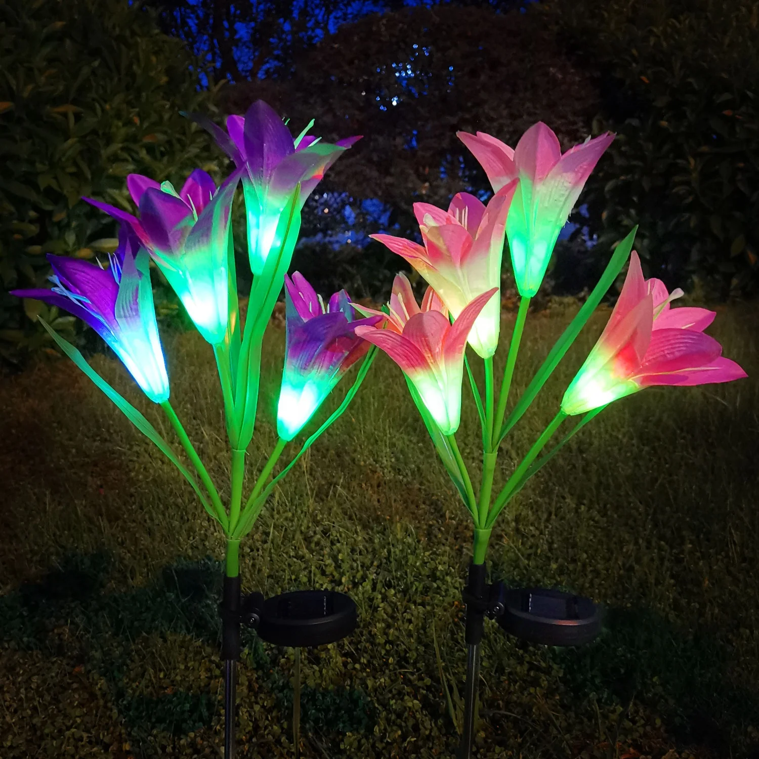 Outdoor Waterproof LED Solar Lily Lantern RGB Decorative Warm White Stainless Steel Body IP65 Christmas Style Patio Landscape