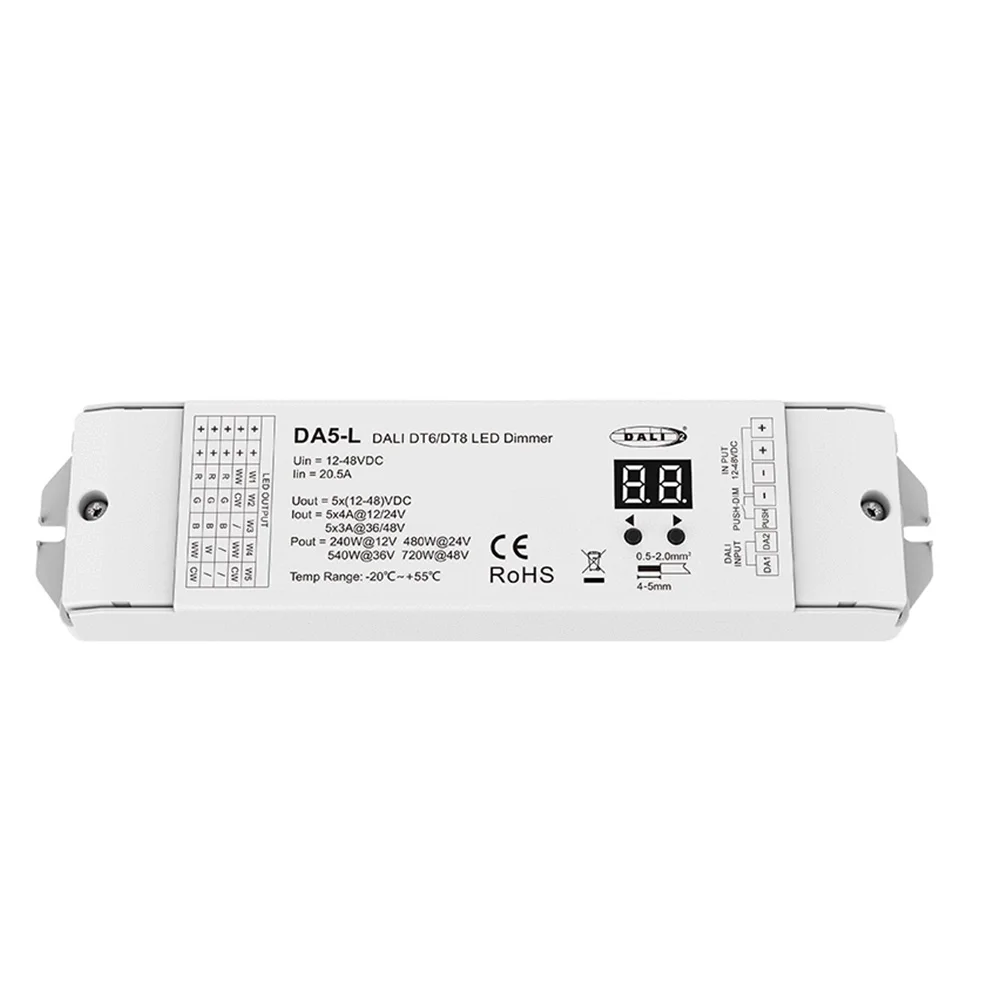 DALI DT6/DT8 светодиодный диммер 12-48 В 5-канальный DA5-L постоянного напряжения контроллер для одиночного/двойного белого/RGB/RGBW/RGBCCT