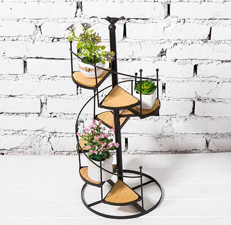European style wrought iron flower stand solid wood shelf rotating multi-layer ladder balcony living room staircase flower pot