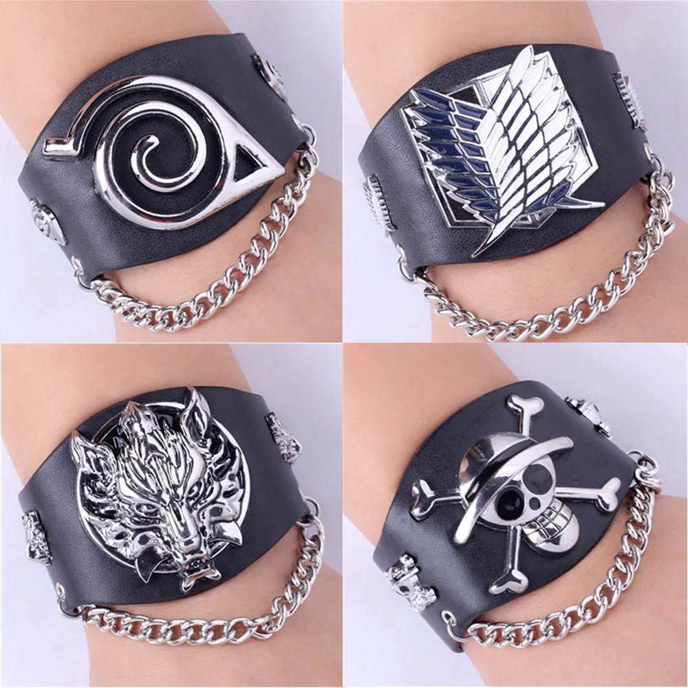 Black leather anime Attack on Titan  Bracelet  punk style  Bracelet