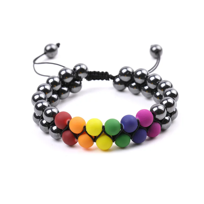 8mm Black Agate Bracelets Seven Chakra Stone Adjustable Double Woven Yoga Relax Bracelet For Women Men
