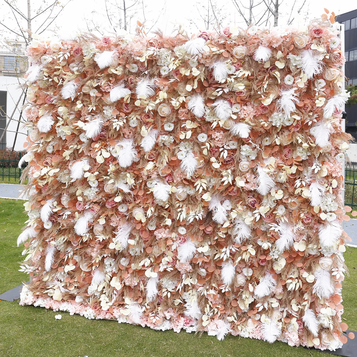 2024 высокое качество 5D, перо, имитация дна, Цветочная стена, фон, уличные свадебные украшения, розовые цветы, стена