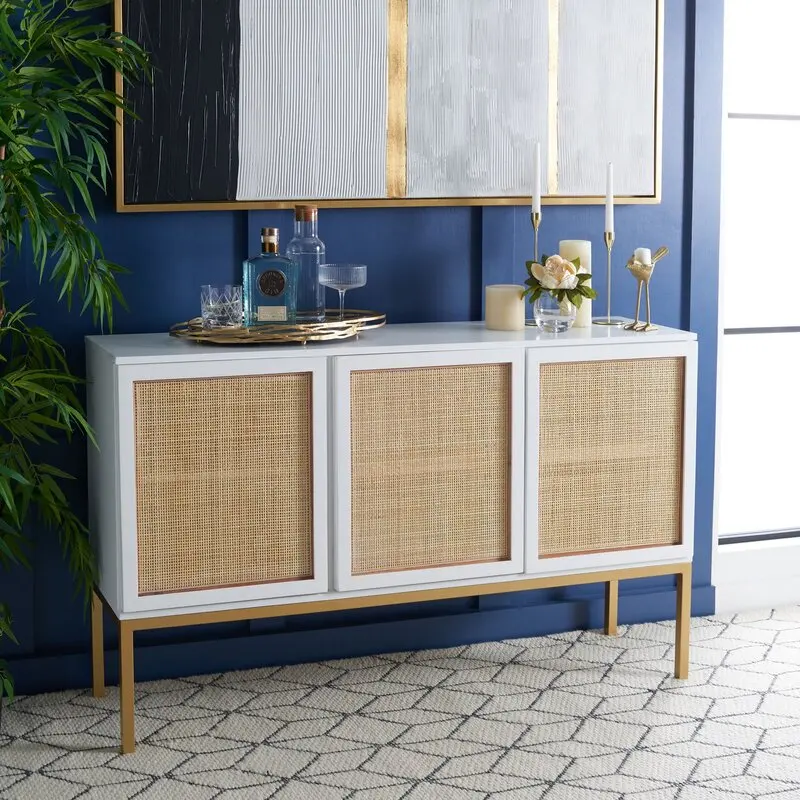 54' Wide Sideboard Buffet Table with Straw Weaving Sideboard Cupboard Living Room Furniture