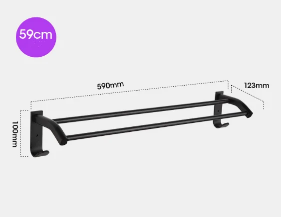 New Wall Mount Bathroom Accessory Aluminum Black Double Towel Bar Towel Rod Towel Rail with Hook