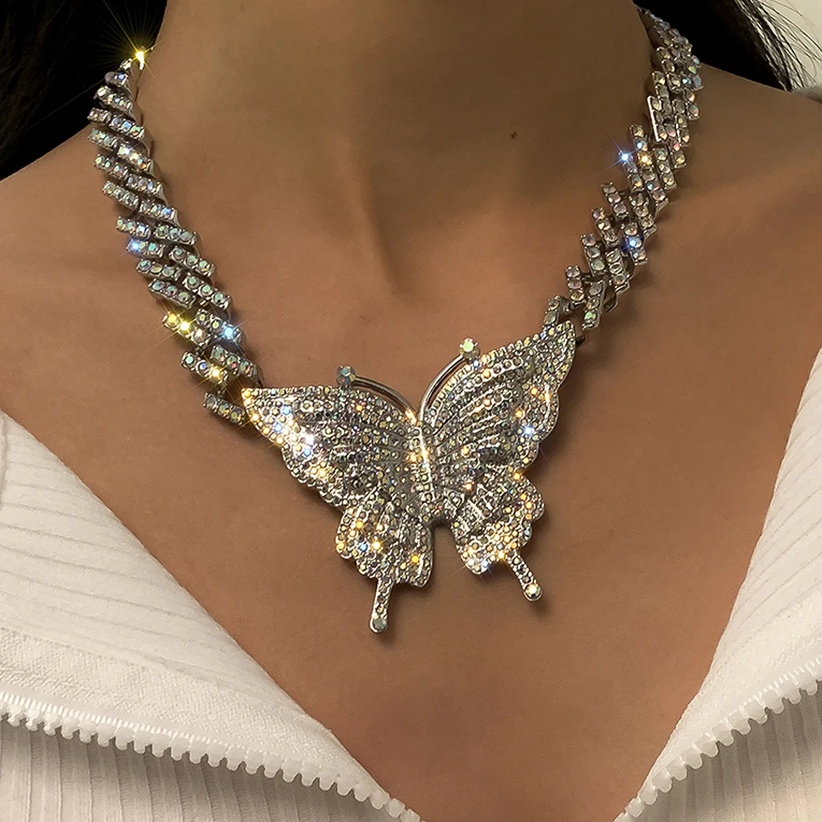 Butterfly Necklace Luxury Rhinestone Full Diamond Cuban Link Chain Hip Hop Chain Girls Fashion Jewelry Charm Choker