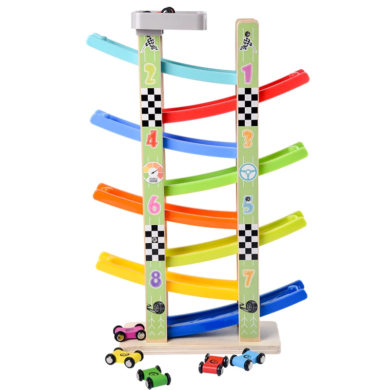 Kids educational  race game eight-layer slide rail car classic ramp wooden toy cars eight-deck pulley