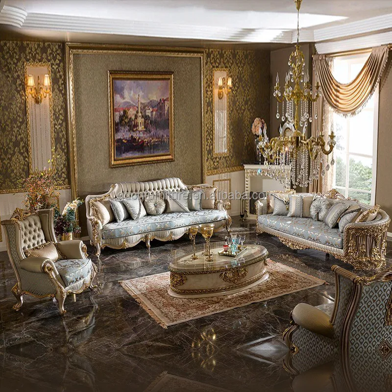 Turkey Wooden Furniture Royal Classic Solid Wood Carving living room set king size carved Fabric sofas