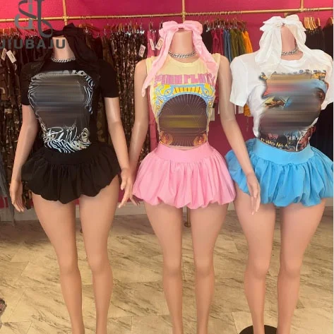2024 Fashion Women Cute Loose Graphic Shirt + Mini Puffer Skirt + Hair Bow 3 Pcs Girl Streetwear Skirt Set