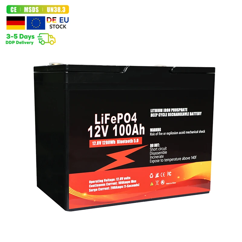 EU Stock Wholesale LiFePo4 Battery 12v 100Ah 200Ah 300Ah Bluetooth IP65 Waterproof Deep Cycles Rechargeable Solar Battery