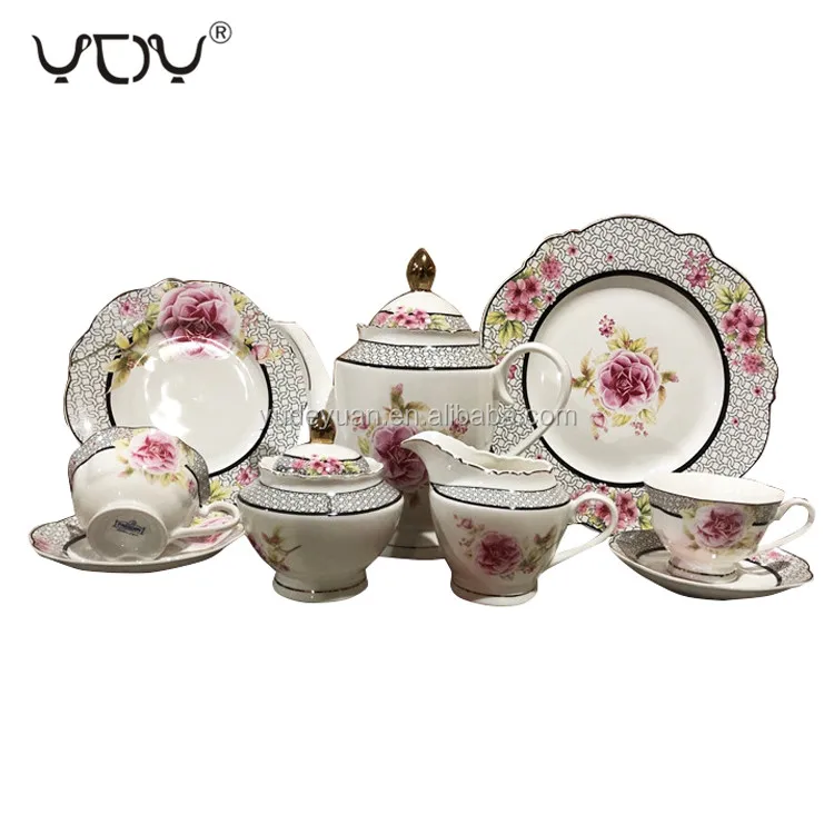 YDY factory Egypt 24pcs gold rim floral design new bone china tea set coffee