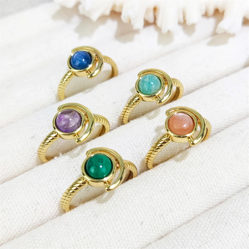 Latest Design Natural Black Obsidian Malachite Blue Kyanite Tiny Stone Ring 18k Gold Plated Resizable Gemstone Ring Jewelry Gift