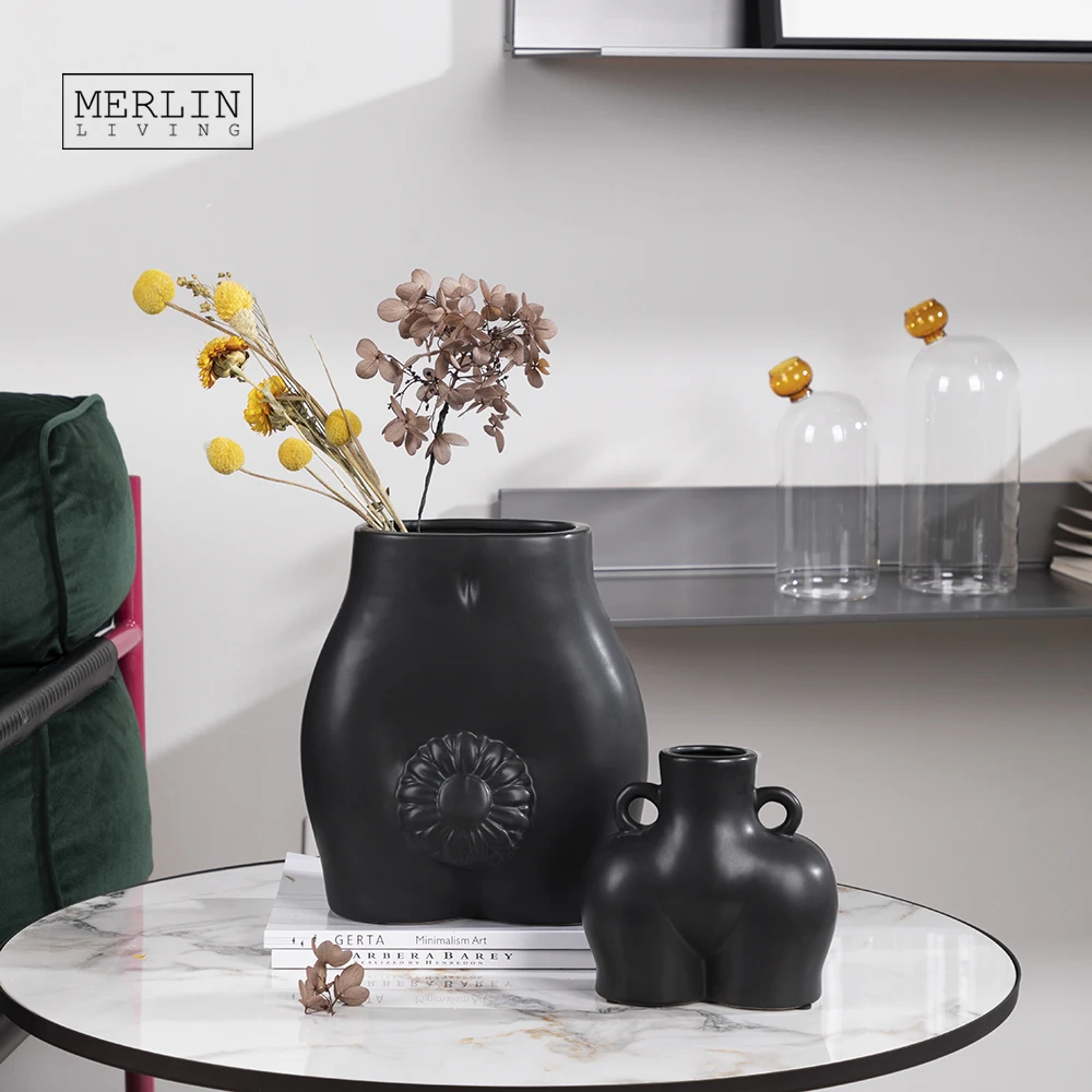 Merlin Living Matte Human Body Sculpture Ceramic Nude Art Butt Vase Modern Home Decor Vase Modern for Black Vase Decoration
