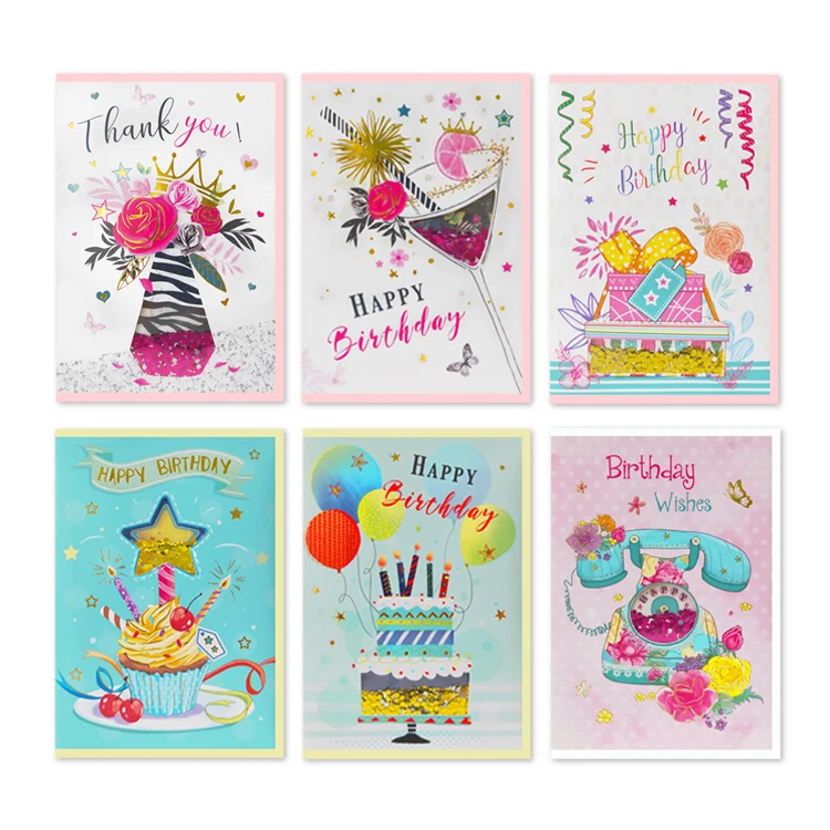 Luxury Sequin paper crafts Shake Happy Birthday Cards Custom Printing Funny Handmade 3D Greeting Cards