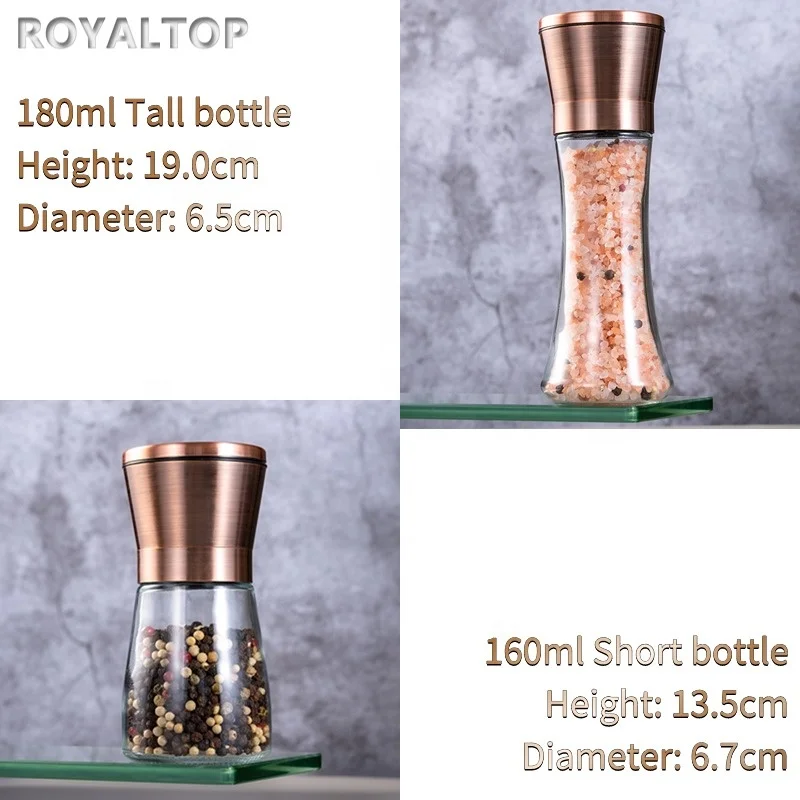 Kitchen Gift Rose Gold Sea Salt Mill Stainless Steel Grinding Cap Adjustable Ceramic Pepper Grinder With 180ml Tall Glass Bottle