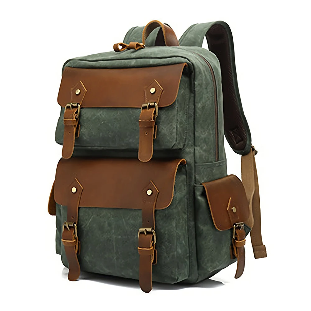 Large-Capacity Vintage Waterproof Genuine Leather Durable Fahion Rucksack Waxed Canvas Backpack for Men
