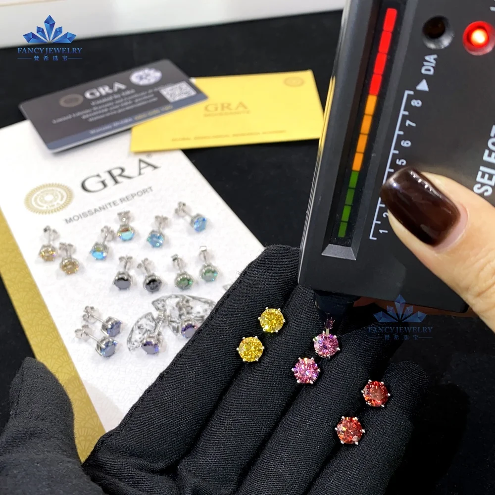 Pass Diamond Tester Colorful Diamond Jewelry 6.5mm 1CT Blue Green Red Yellow Black Moissanite Earrings for Women Men