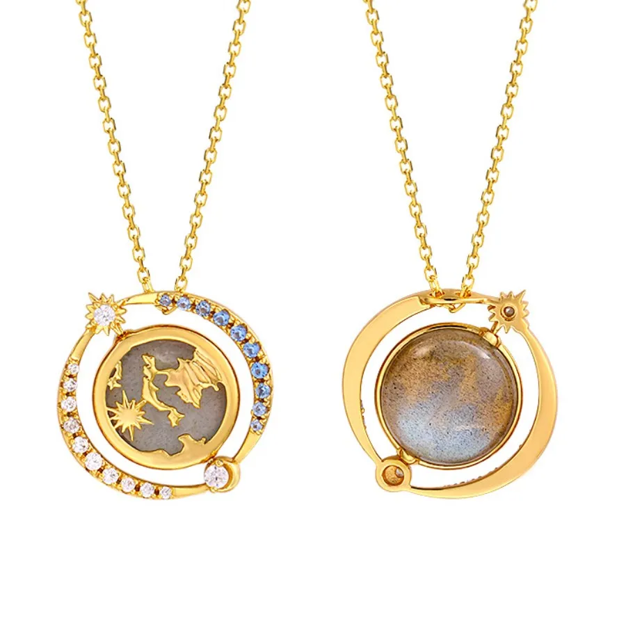 MN01160 globe planet natural labradorite necklace 925 sterling silver jewelry 14K gold plated jewelry wholesale