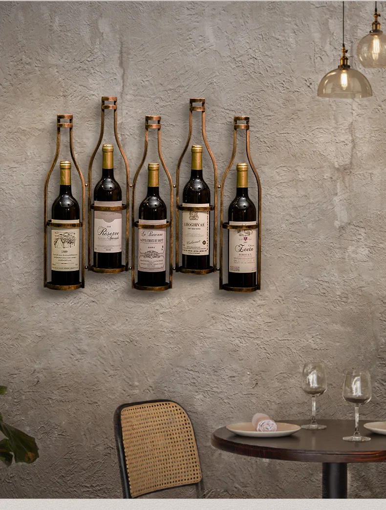 Retro industrial style wine rack iron wall hanging bronze wine holder bar wall decoration 5 bottles black metal wine rack