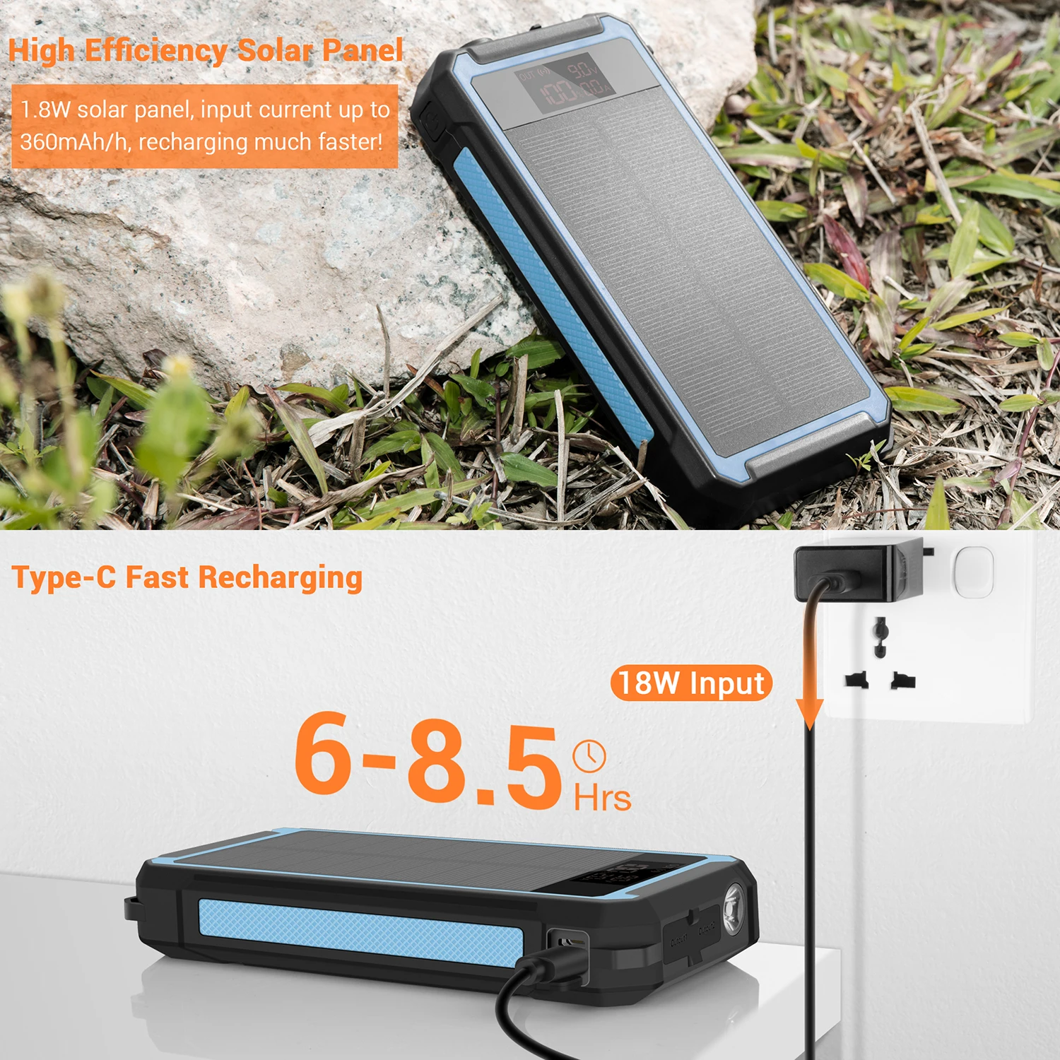 ODM OEM 30000mAh Portable Solar Charger with QC3.0 dual USB ports supports charging of all mobile phones and electronic devices